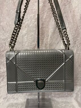 Christian Dior Microcannage Diorama Medium Flap Bag in Silver Metallic COA